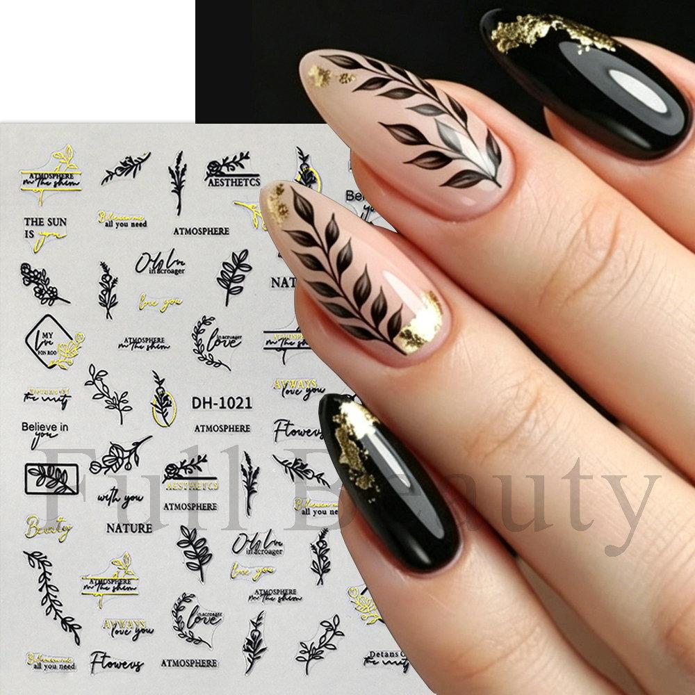 Nail Art Stickers Black Gold And Silver Line Letters Natural Plant Simple Style Adhesive Nail Stickers