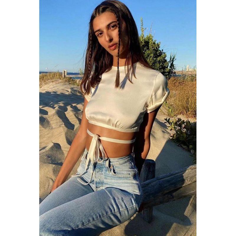 

European and American Blogger Same Style Design Sense Niche Gloss Satin Chiffon Short sleeve Sub-Curling T-shirt Short Jacket Waist-Exposed Champagne Roll-Sleeve Blouse L