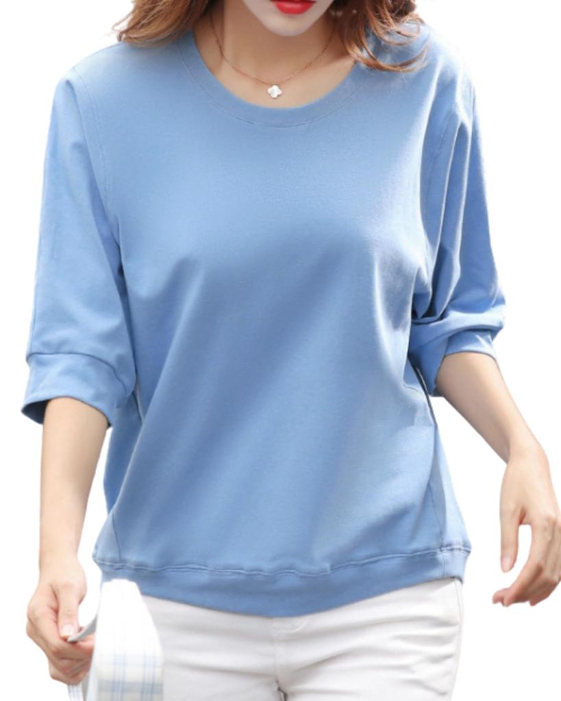 Sleeves That Hide Upper Thick Cut and Round Loose Short Long and To the Light XL [Fiorior] [5/8 Arms] Women's T-shirt, 5/8 Sleeves, Sewn, Plain, Neck,
