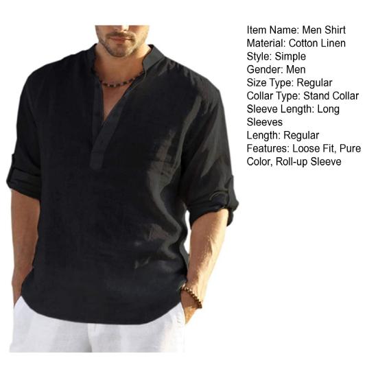 Yousheng Men Shirt Stand Collar Roll-up Long Sleeve Pullover Tops Pure Color Loose Fit Casual Shirt Travel Party Daily Wear