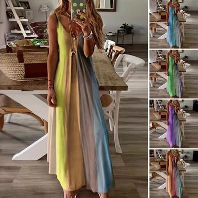Women's Spaghetti Strap Gradient Long Dresses Summer Casual V Neck Flowy Maxi Dress Loose Beach Sundress