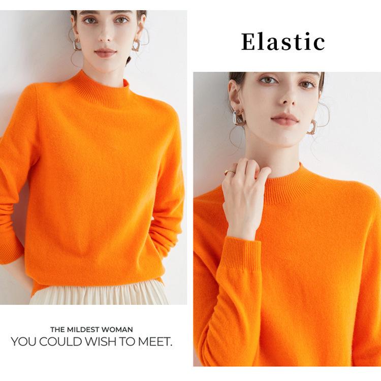 Damen Nahtloser 100% Wollpullover Langarm mit Halbhohem Kragen für Herbst/Winter