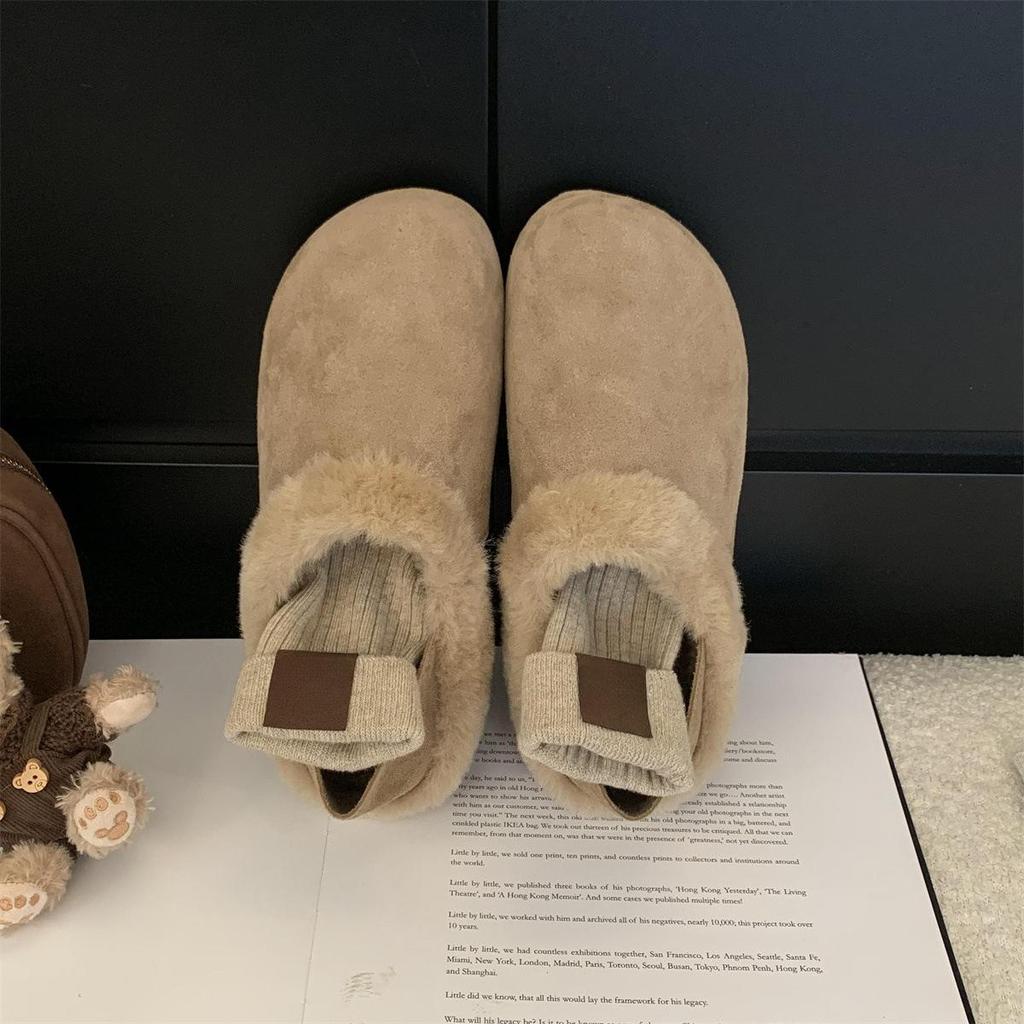 Women's Fleece Autumn and Winter New Retro Half-drag Flat Lazy Cotton Shoes