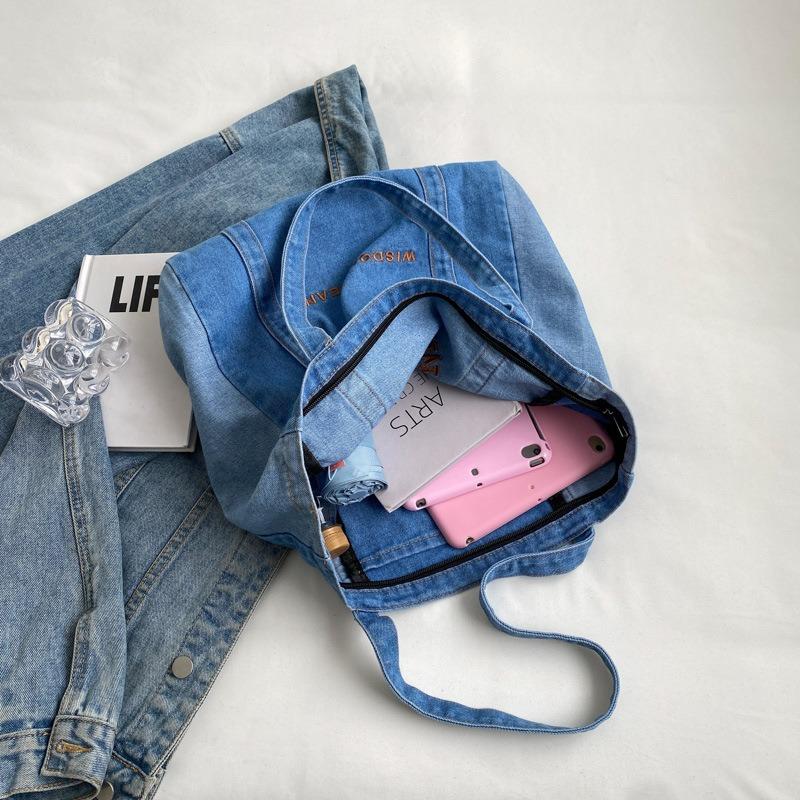 New Casual Denim Bag Women Large Capacity Shoulder Bag Letter Embroidery Denim Tote Bag