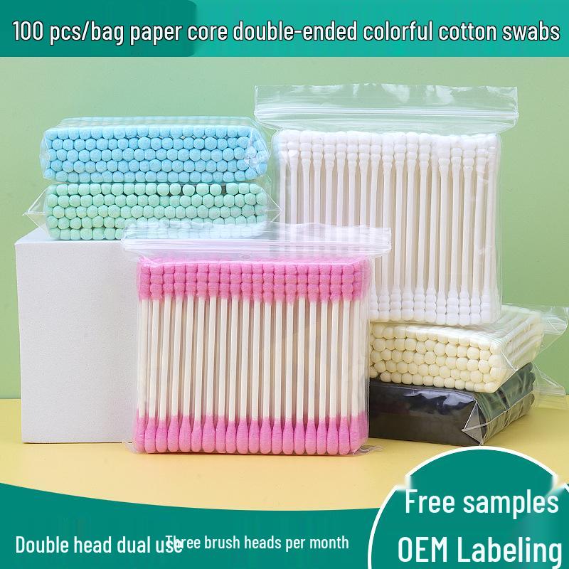Pack of 100 double-ended, disposable cotton swabs with paper sticks for ear cleaning and makeup application.