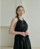 Belrma Black Linen Back-Open Ribbon Halterneck Dress