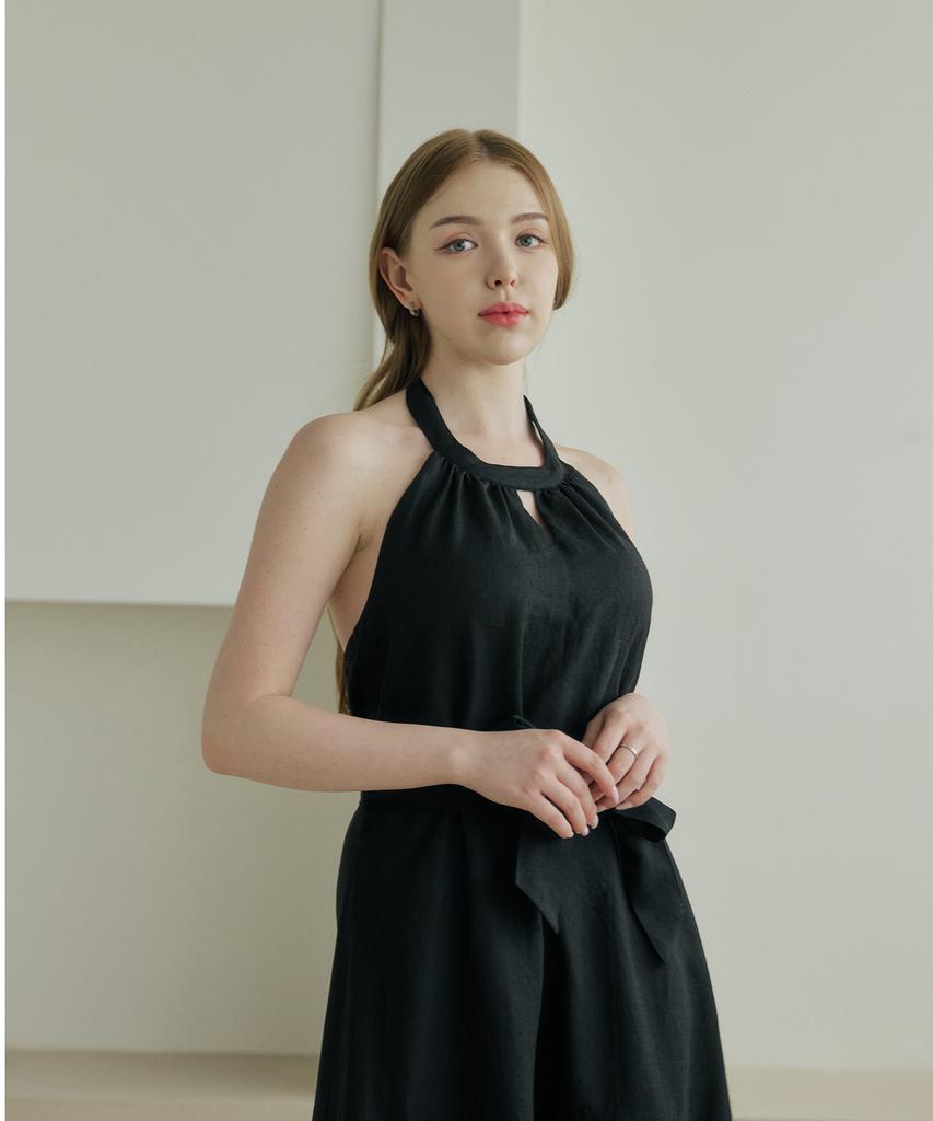 Belrma Black Linen Back-Open Ribbon Halterneck Dress