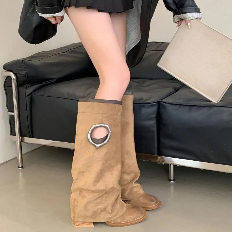 Designer Women's Boots Retro Knee-high Boots Fashion Straight Leg Pants Boots Women's Thick Heeled Platform Booties Botas Mujer