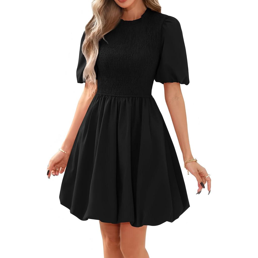 Women's Fashionable Solid Color Round Neck Bubble Short Sleeved Bohemian Pleated A-line Dress
