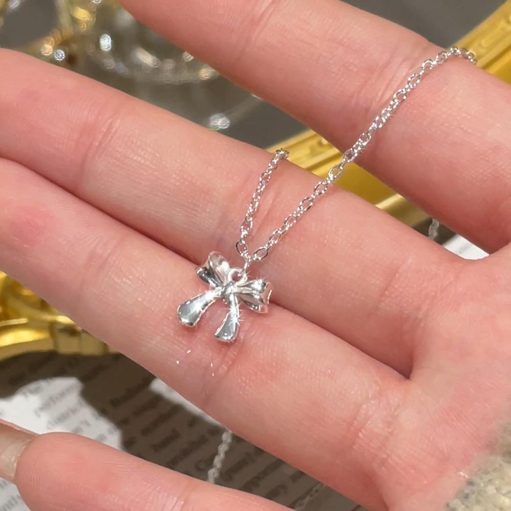Korean Simple Sterling Silver Bowknot Pendant Necklace for Women Sweet Collar Chain Valentine's Day Gift Jewelry Accessories