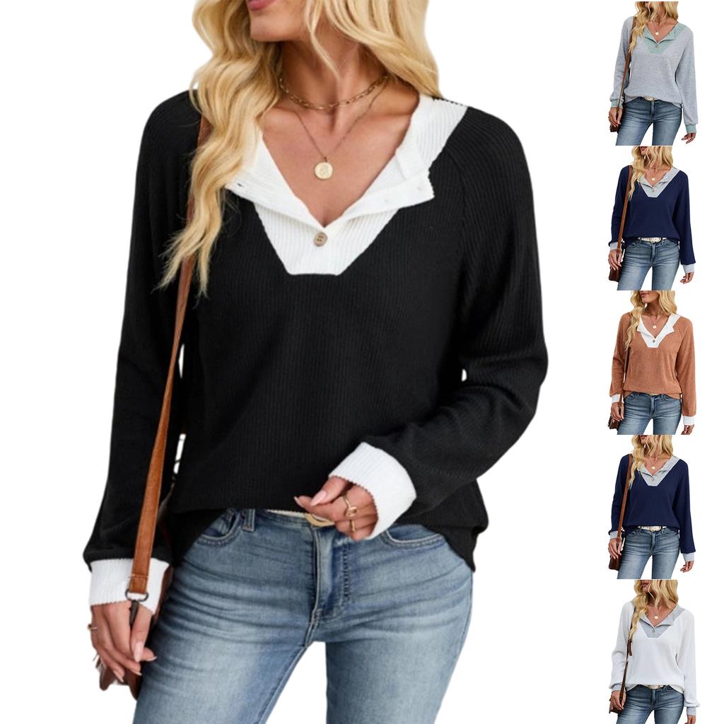 Ladies' Casual Fashion Contrasting Fake Two-piece Spliced Lapel Loose Long Sleeved Top