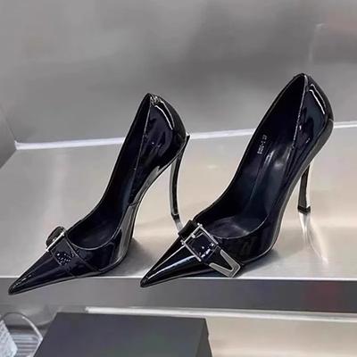 2025 Autumn New Patent Leather Black Stiletto Heels Metal Pointed High Heels Female Fashion All-Match Banquet Pumps