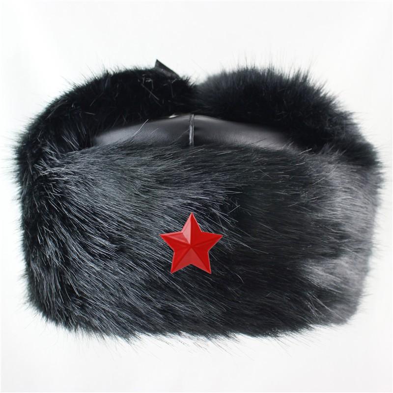 Winter Warm Faux Fur Trapper Hat With Soviet Emblem PU Leather Cap Men Women Skiing Snowboarding Cold Weather Protection