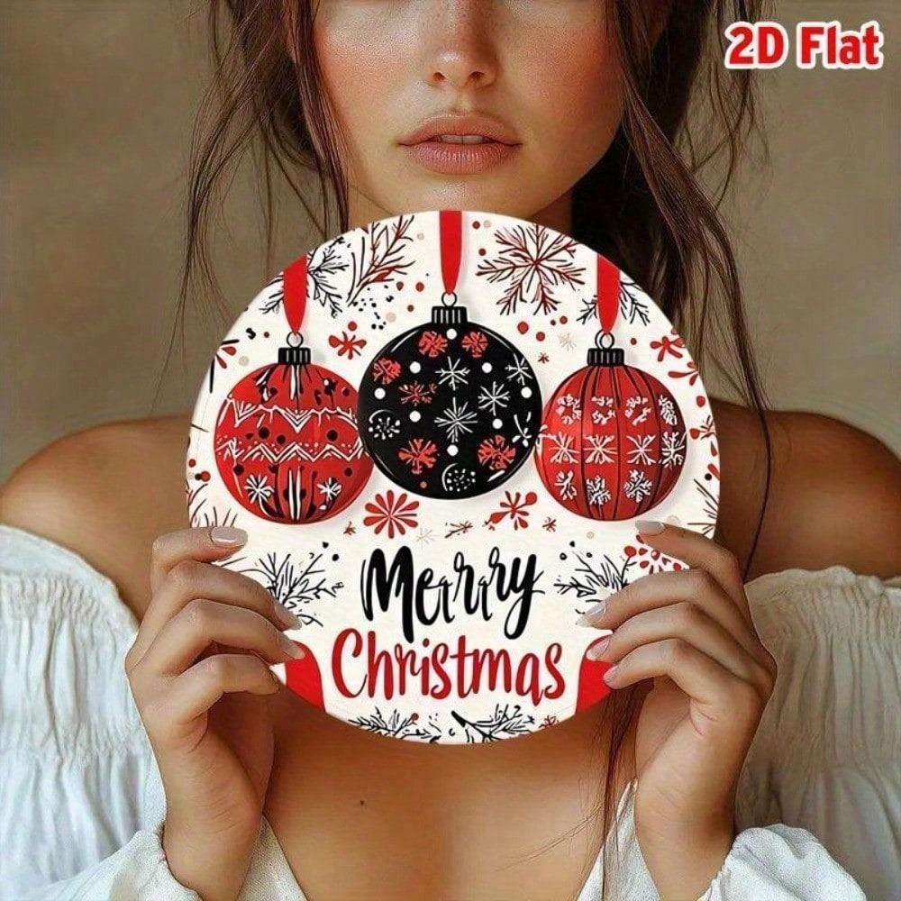 2D Metal Christmas Ball Ornament, 3.15 Inch Iron Wall Decor, Snowflake Design with Merry Christmas Lettering