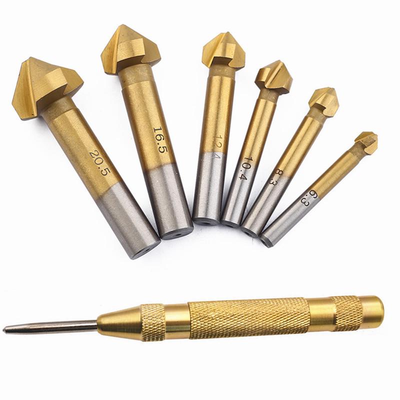 6-Piece Titanium-Plated 90° Countersink Drill Bit Set, Three-Flute, High-Speed Steel 4241