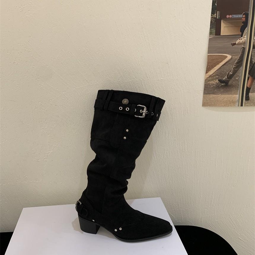 2025 New French Pointed Belt Buckle Wide Tube Thin European and American Style Thick Heel Boots Street Style Wear