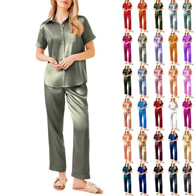Women's Silk Solid Color Pajamas Set, Ladies Short-sleeved And Long Pants Two-piece Pajamas, Button-down Pajamas And Home Clothes