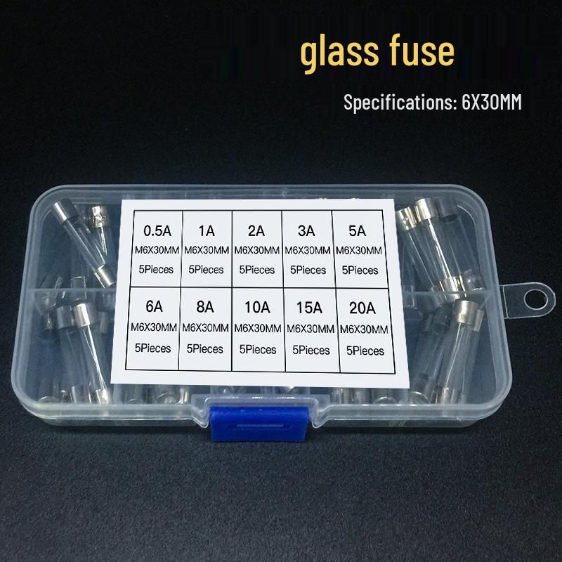 

50-Piece Glass Fuse Set (6x30mm) - 0.5A to 20A, 10 Types, Explosion-Proof Box