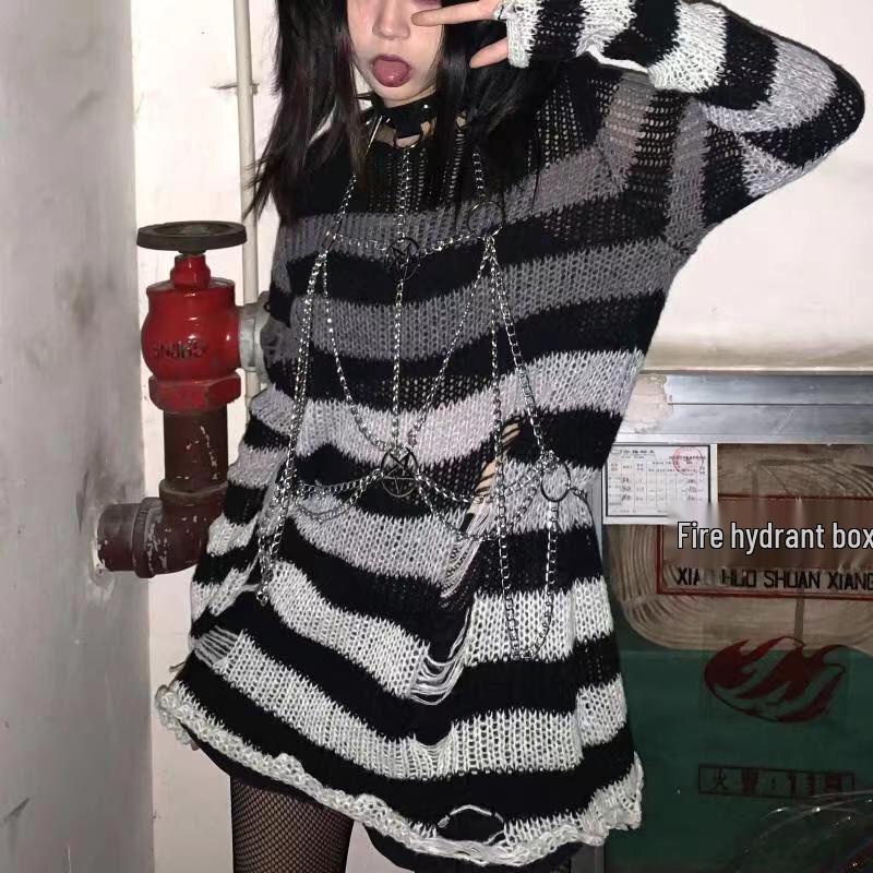 Unisex Punk Striped Gradient Ripped Knit Sweater