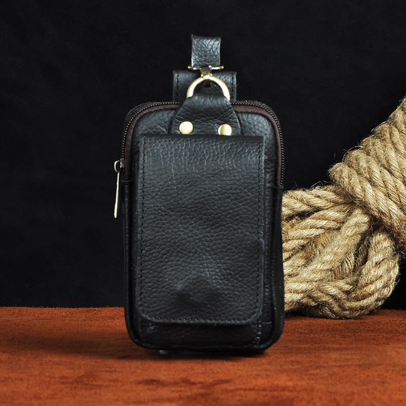 Men Top Layer Crazy Horse Leather Small Waist Bag With Hook 6 Inch Outdoor Phone Storage Pouch belt bag