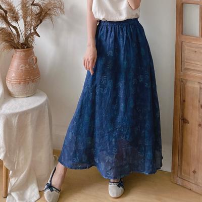 Gonne da donna con stampa vintage in vita elastica in ramie Gonne femminili blu larghe casual tutte abbinate