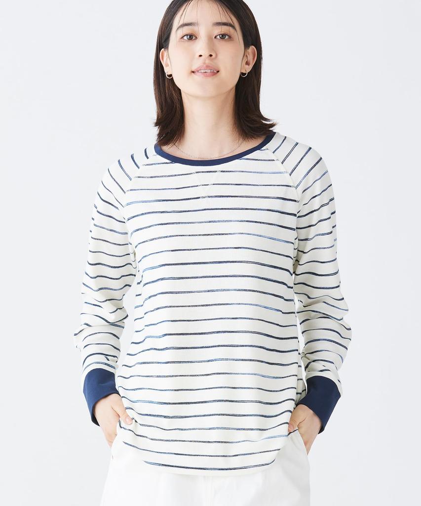 LL Bean Unshrunkable Mini Waffle Long Sleeve Crew US Size Sailcloth Painterly 1000191681 Women's Tee, Neck, Striped, Fit, Petite, M, Stripe, White,