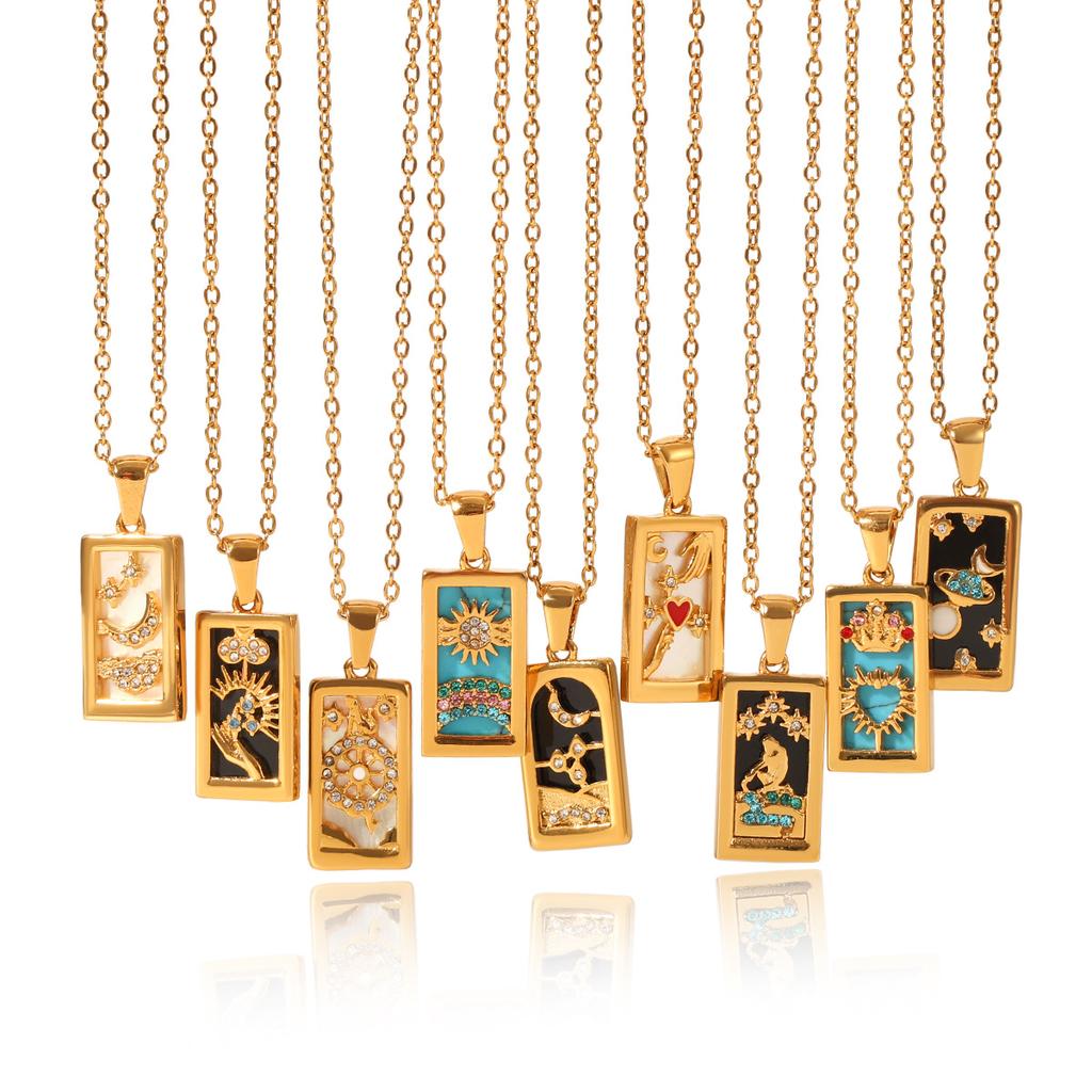 Fashion Pendant Necklace 18K Gold Stainless Steel Diamond Inlaid Tarot Card Necklace Accessories for Women