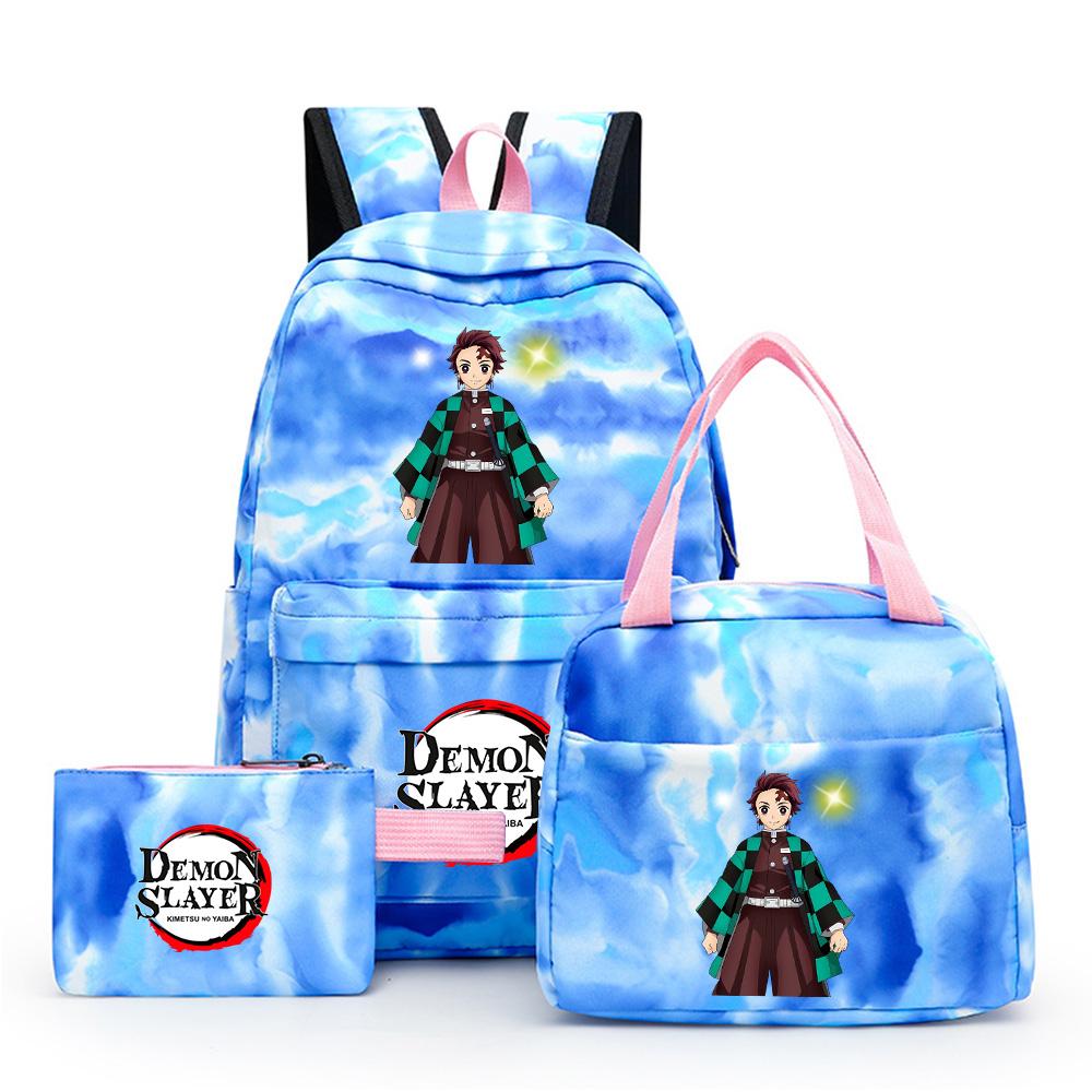 3Pcs/set Anime Demon Slayer Printed Backpack with Lunch Bag Pencil Case for Teenager Waterproof Bookbag Travel Bag Gift