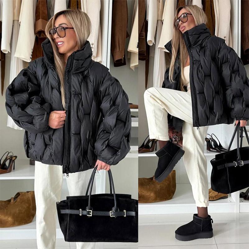 Stand-up Collar Zipper Rhombic Cotton-padded Jacket Women's Solid Color Winter Padded Jacket To Keep Warm Short Tops Colors To Choose From Jackets