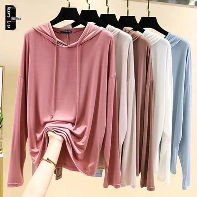 T-shirt casual da donna oversize in modal a maniche lunghe con cappuccio - Modellante, sottile, top primaverile con protezione solare