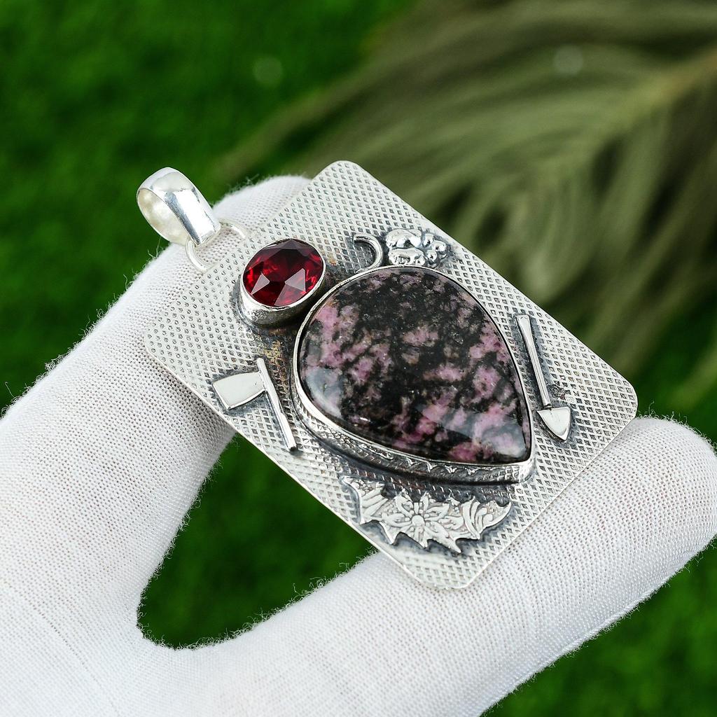 Natural Rhodonite Gemstone Pendant Handmade 925 Sterling Silver Indian Jewelry