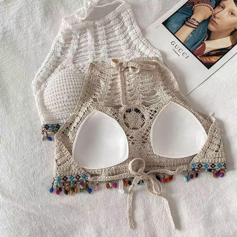 Bohemian Hollow Out Backless Halter Crop Top - Women's Sleeveless Summer Beach Camisole