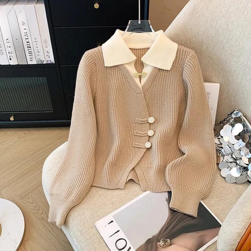 Autumn Spring Design Splicing Slim Women Knitted Cardigan Sweater Jacket Fashion Fake Two Items Loose Ladies Top