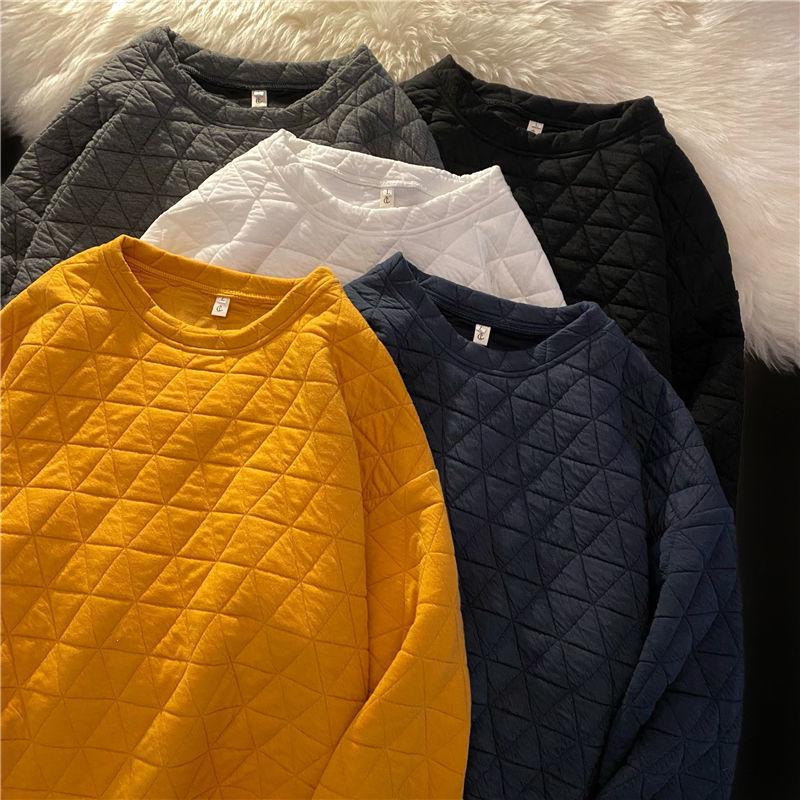 Women's High-End Diamond Pattern Quilted Sweatshirt - Korean Style, Slimming, No-Hood, Round Neck, Autumn/Winter Fashion