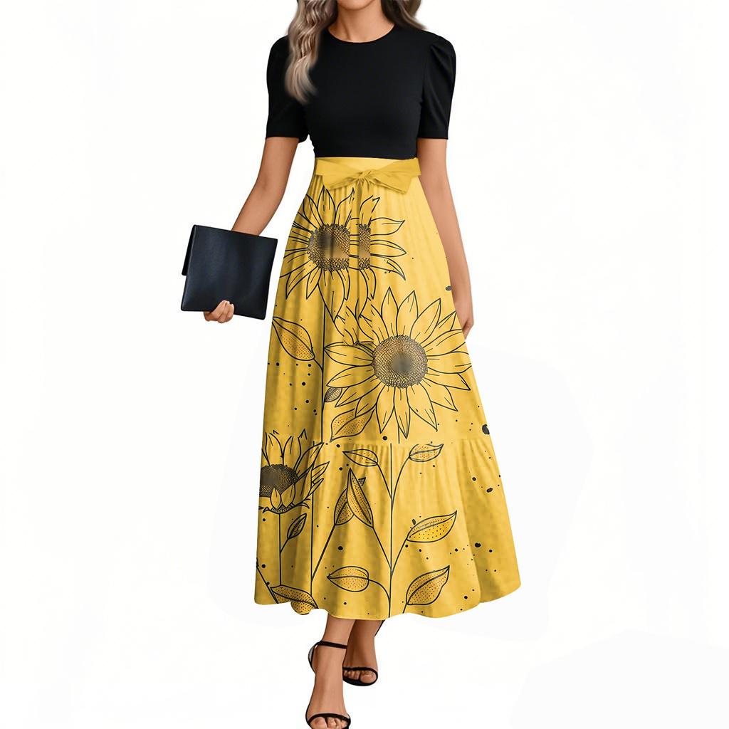 Women's Fashion Casual Belt Short Sleeve Round Neck Floral Stitching Elegant Temperament Dress