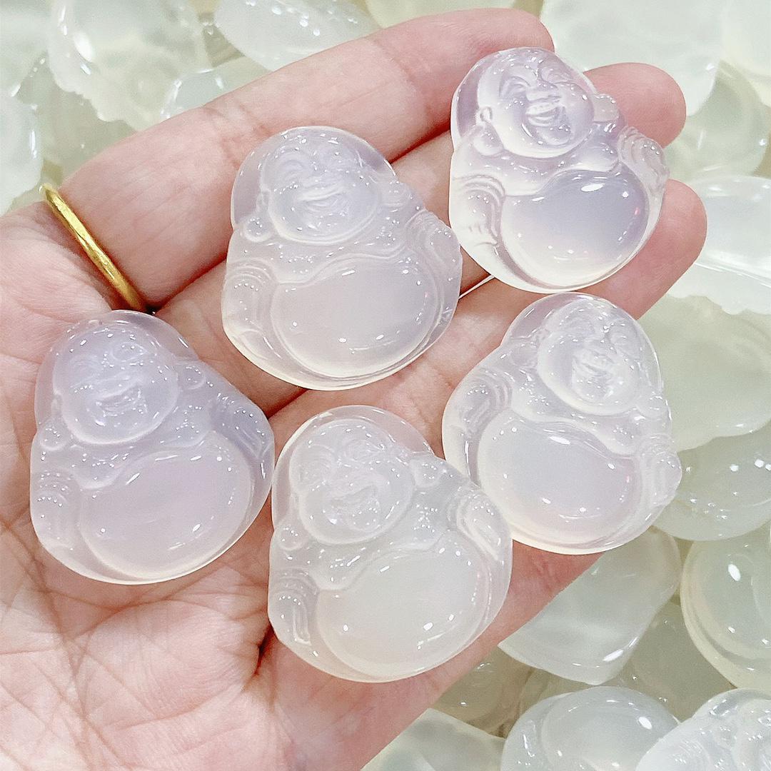 Ice Agate & White Chalcedony Laughing Buddha Pendant Necklace - Couple Style Chalcedony Buddha (without cord)