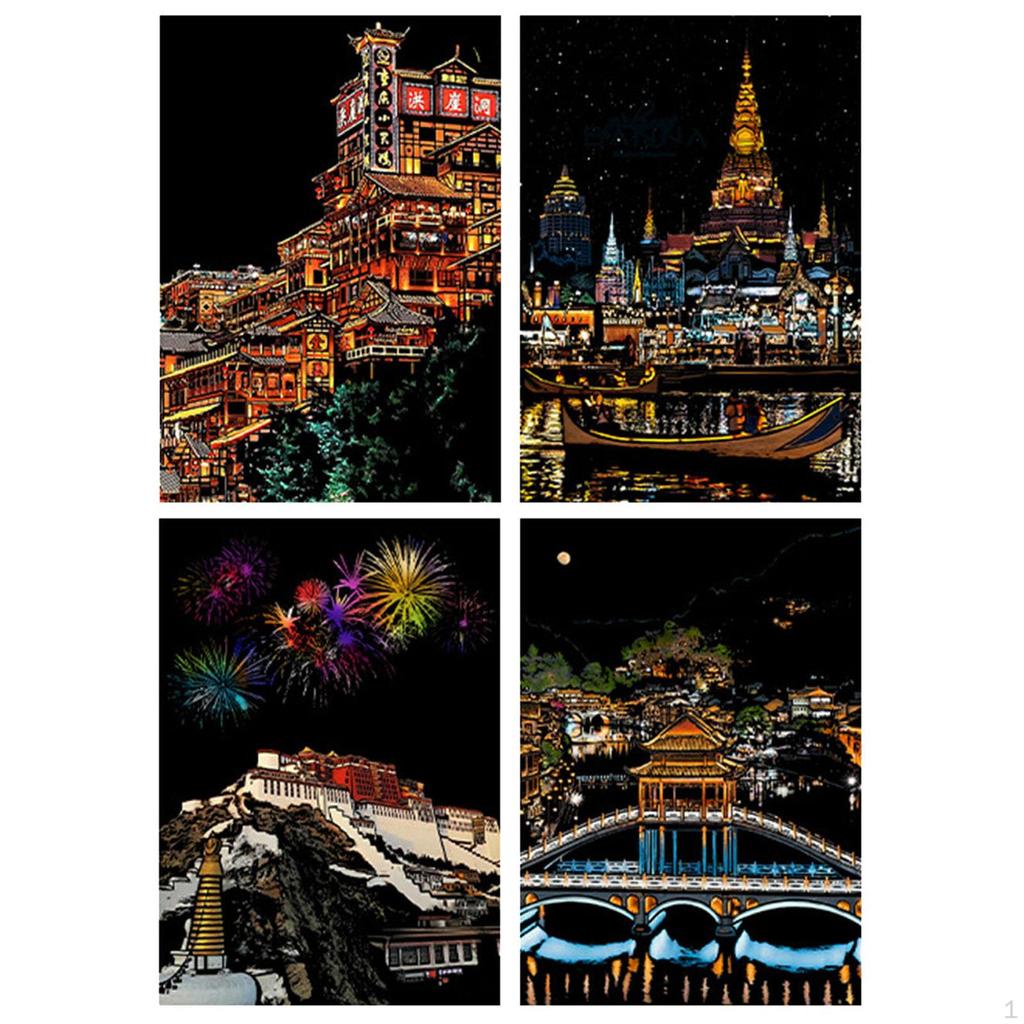 Set de 4 bucăți de hârtie pentru răzuire, pentru meserii de copii, care desenează foi negre cu lemn