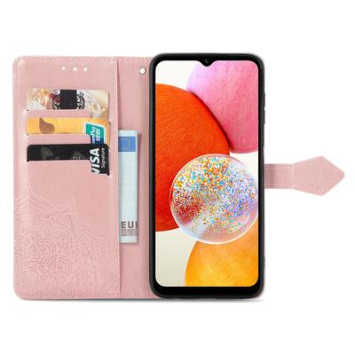 For Samsung Galaxy A14 5G/A14 4G Case Stand Embossed Mandala Pattern PU Leather Wallet Cover with Strap