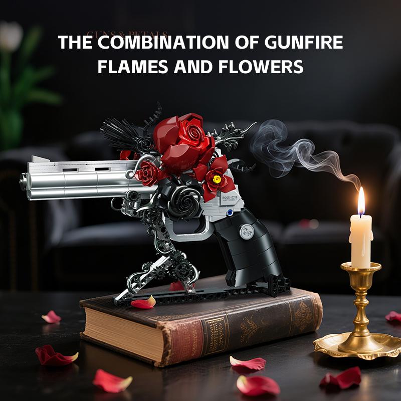 Technical Mechnical Rose Revolver Pistol Gun Building Blocks Military Red Flower Petal Gun MOC Bricks Assemble Toy Children Gift