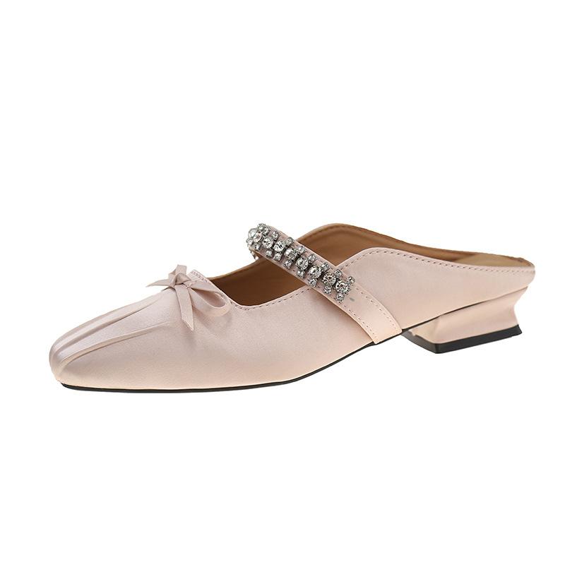 

Temperament Small Square Head Fairy Wind Diamond One Word With Light Mouth Baotou Half Slippers Thick Heel Bow Half Slippers 40