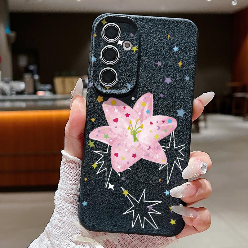 

Pink Lily Flower Print Case For Samsung S26 S25 Ultra S24 FE S23 Plus S22 S21 A15 A16 A17 A35 A36 A37 A54 A55 A56 A57 5G Leather Texture Soft Cover Samsung A55 5G чёрный