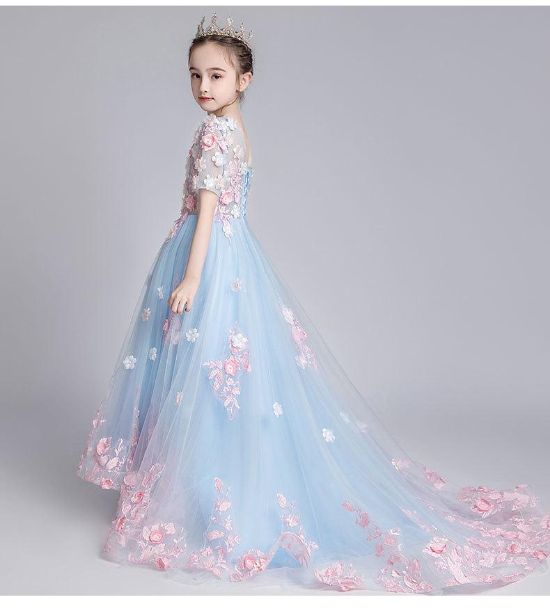 

Голубое детское платье подружки невесты с цветочной вышивкой 3D на свадьбу, пышное бальное платье, детское платье принцессы для выпускного вечера, вечеринки 160 светло-синий