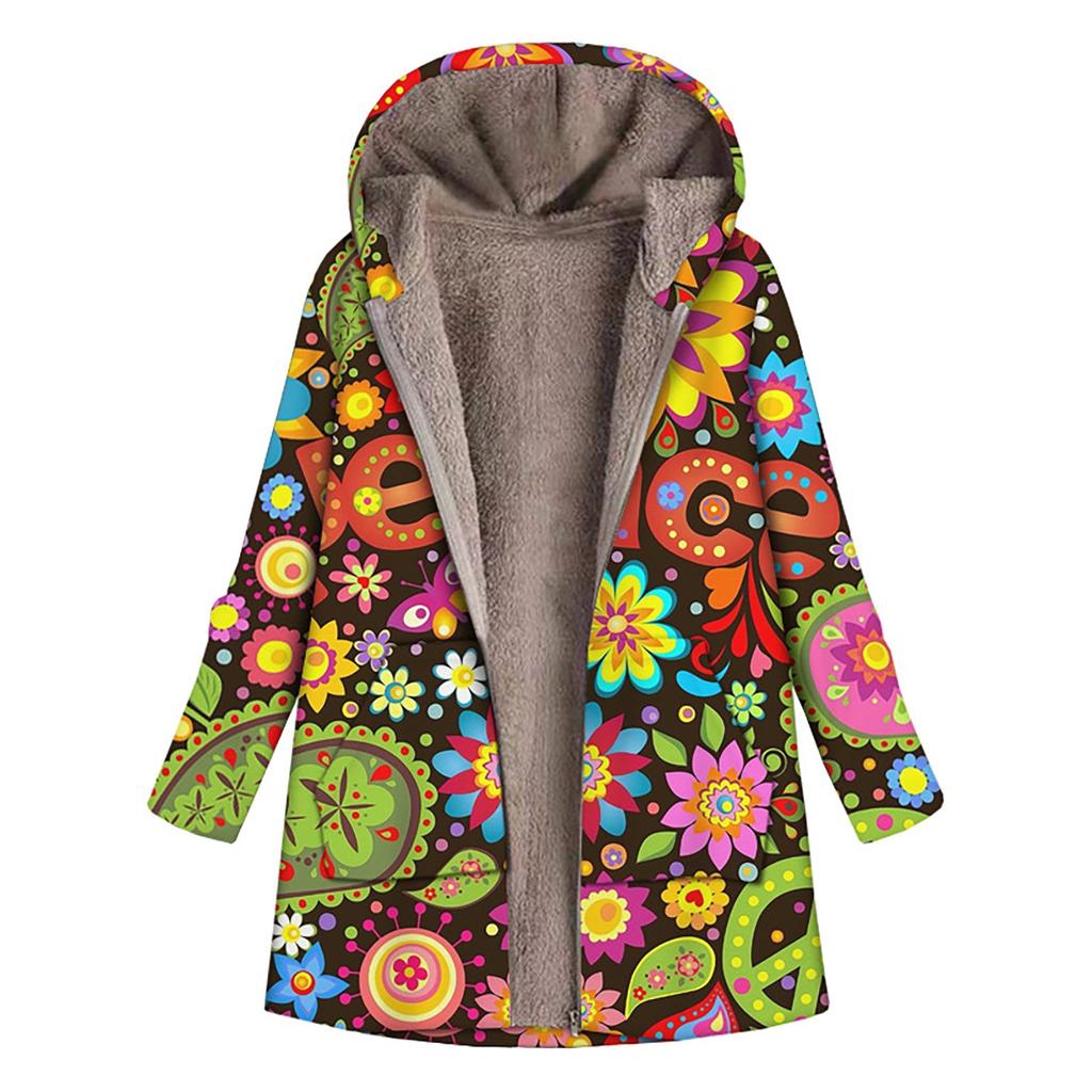 Women's Casual Large Print Zipper Plush Hooded Long Sleeve Coat With Pockets