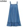 VONDA Summer Women Strap Sleeveless Solid Color Lotus Leaf Hem Casual Thin Mini Dress