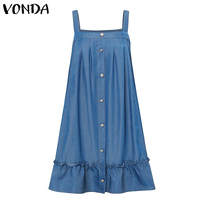 VONDA Summer Women Strap Sleeveless Solid Color Lotus Leaf Hem Casual Thin Mini Dress
