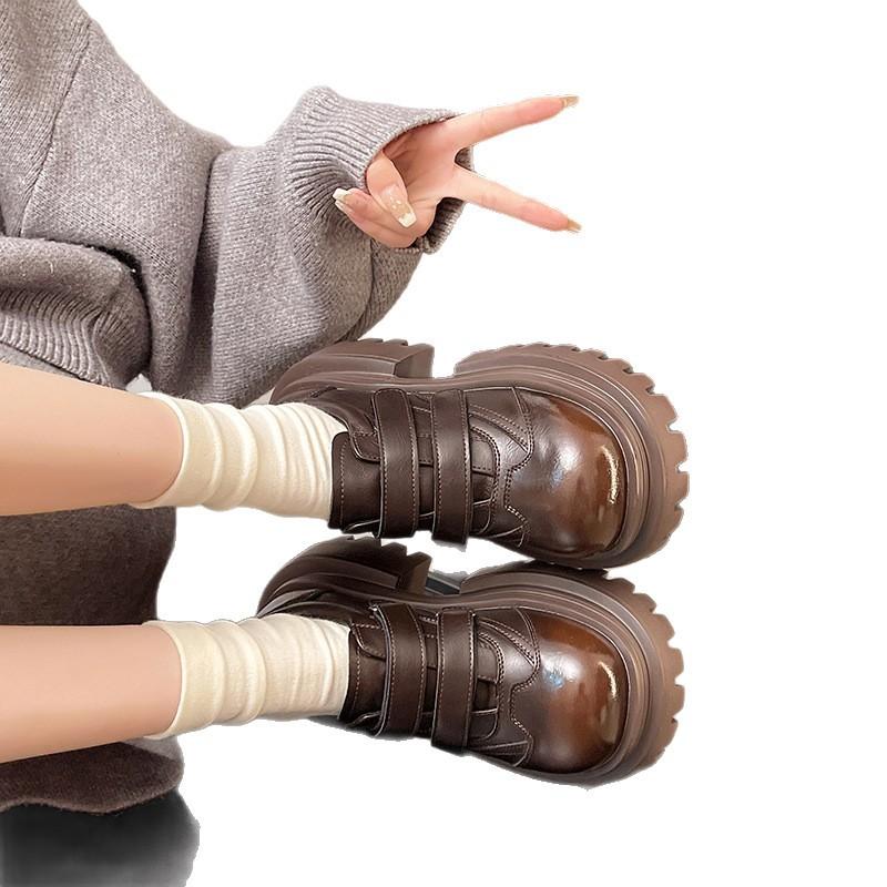 European genuine leather muffin platform small leather shoes women's British style round head derby shoes small heightening loafers single shoes