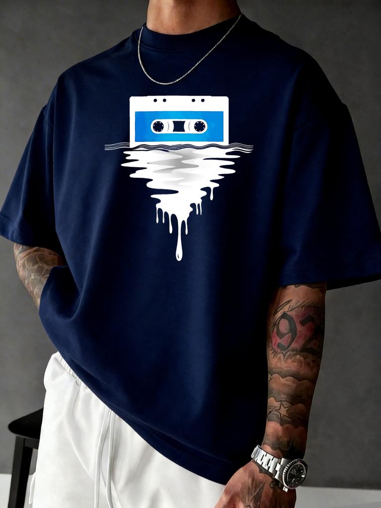 Unisex Black Crew Neck Tee Dripping Cassette Tape Print Oversized Short Sleeve Unisexs Summer Streetwear Casual Daily Basic Wear Top