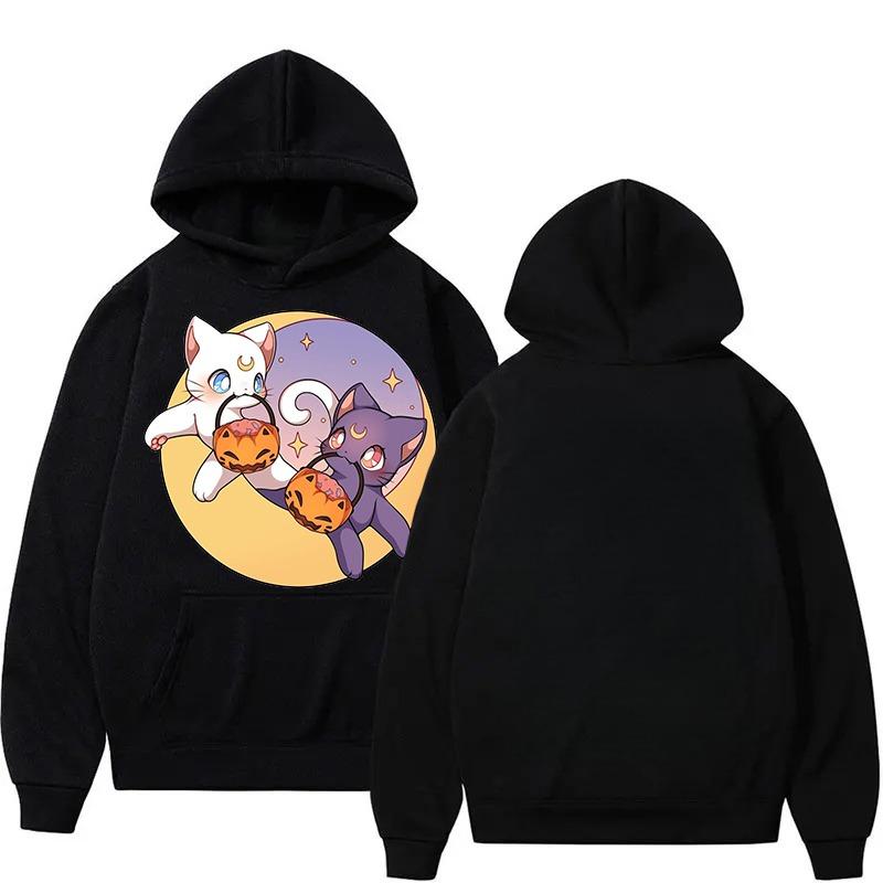 Sailor Moon Luna Artemis Themed Couple Hoodies, Autumn Winter Kawaii Cartoon Cat Print Sweatshirts Hooded Coats