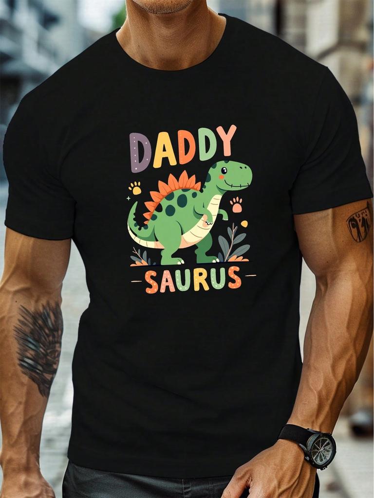 MenS Daddy Saurus Graphic Tee  Casual Crew Neck Short Sleeve T Shirt Lightweight Summer Top with Vibrant Dinosaur Print