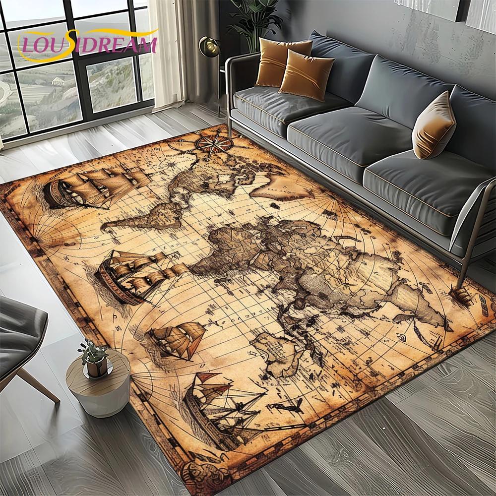 2025 Retro Ancient Nautical Chart Kraft World Map Compass Carpet Rug for Living Room Bedroom Sofa Decoration,Non-slip Floor Mat